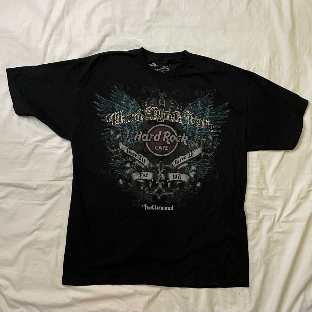HARD ROCK CAFE-  HOLLYWOOD BLACK W/GREAT GRAPHICS/ LOGO T-SHIRT 3X-LARGE